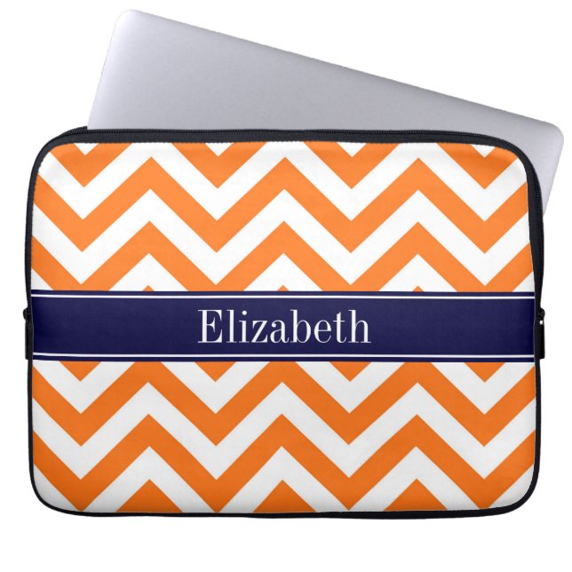 Pumpkin Orange Lg Chevron Navy Namn Monogram Laptop Sleeve (Framsidan)