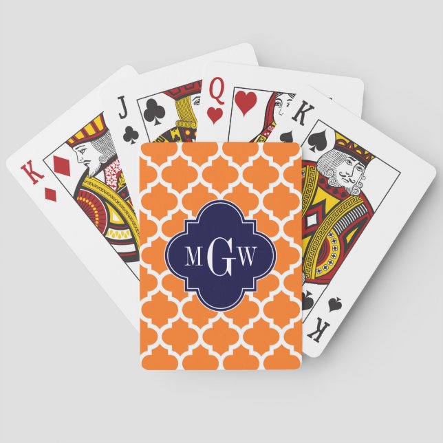 Pumpkin Orange Moroccan #5 Navy 3 Initial Monogram Kortlek (Baksidan)