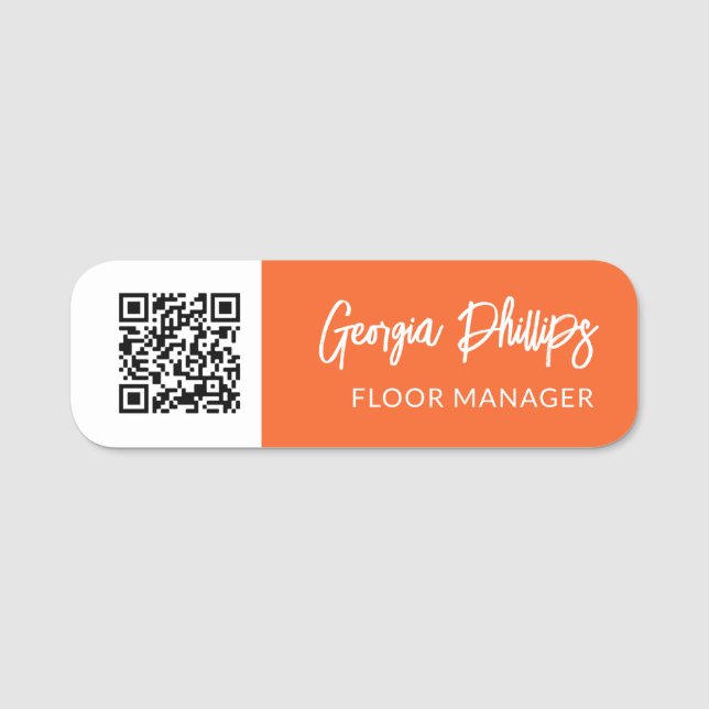 Pumpkin Orange White QR Code Push-skript Namnbricka (Framsida)