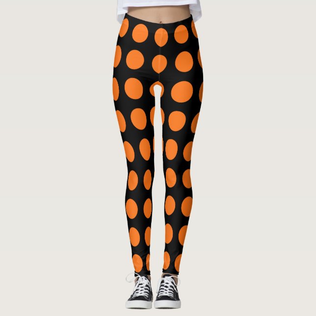Pumpkin på Black Large Storlek Vågrät Polka dots Leggings (Framsida)