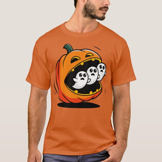 Pumpkin PacMan Eating Ghosts T Shirt (Framsida)