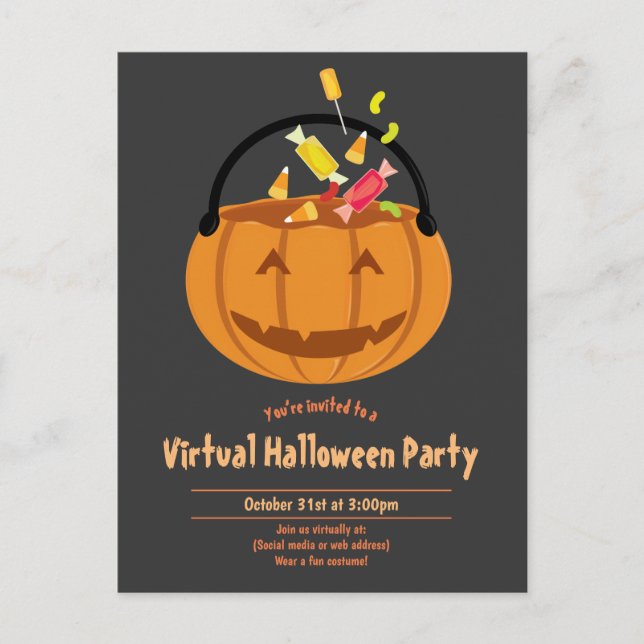 Pumpkin Pail Candy Grått Virtuellare Halloween fes Inbjudan Vykort (Framsida)