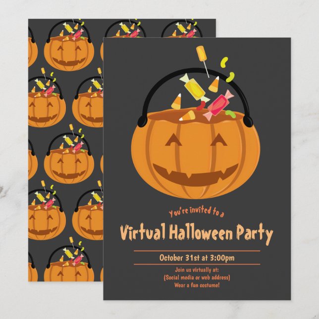 Pumpkin Pail Candy Virtuellare Halloween fest Inbjudningar (Fram/baksida)