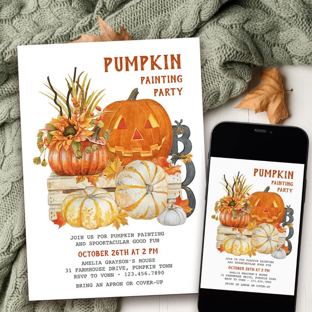 Pumpkin Painting Rustic Farmhouse Halloween fest Inbjudningar (Pumpkin Painting Party with halloween carved pumpkin )