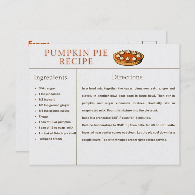 Pumpkin Paj Recept Card-Thanksgiving och jul (Fram/baksida)