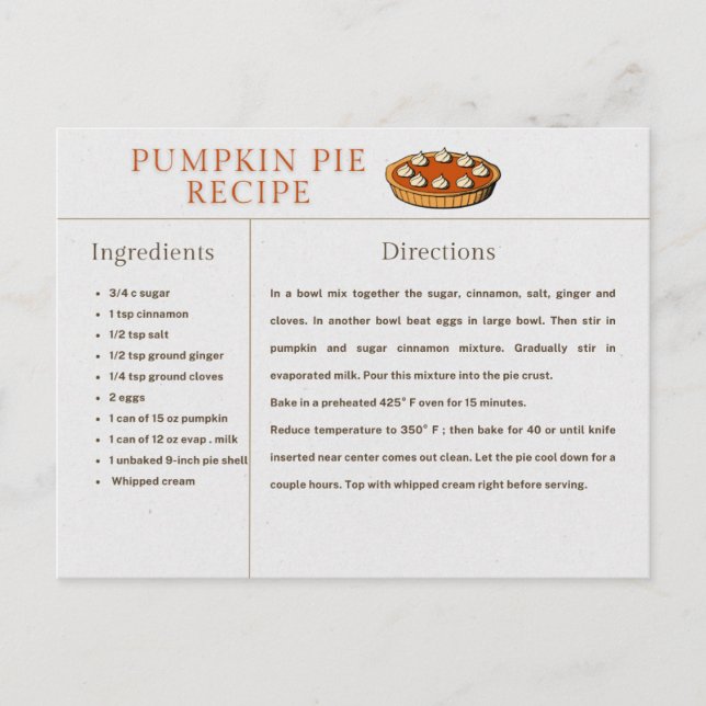 Pumpkin Paj Recept Card-Thanksgiving och jul Vykort (Framsida)