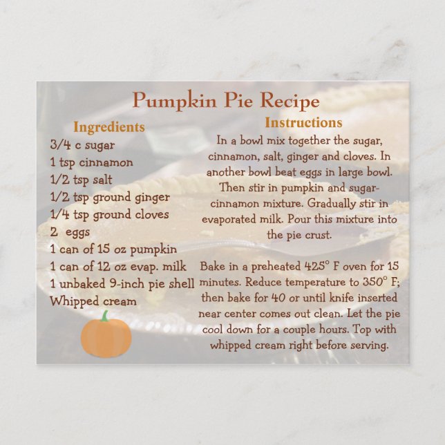 Pumpkin Paj Recept Card Vykort (Framsida)