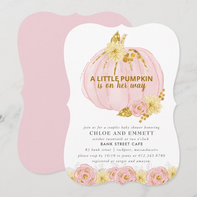 Pumpkin Par Baby Shower, Rosa Guld Elegant Inbjudningar (Fram/baksida)