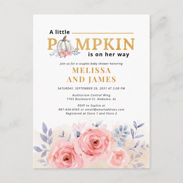 Pumpkin Par Baby Shower Watercolor Blommigt Inbjudan Vykort (Framsida)