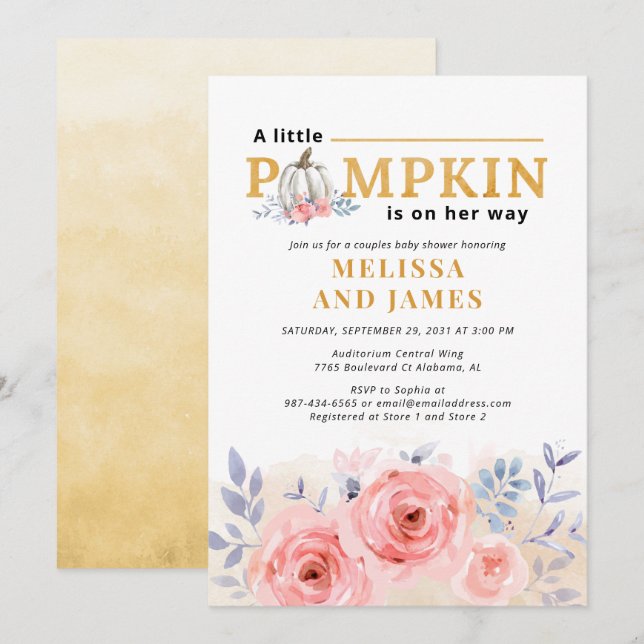 Pumpkin Par Baby Shower Watercolor Lilac Rosa Inbjudningar (Fram/baksida)