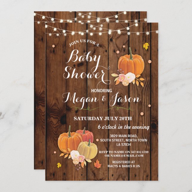Pumpkin Party Baby Shower Fall Rustic Wood Inbjuda Inbjudningar (Fram/baksida)