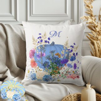 Pumpkin Pastel Blue Botanical Flora Monogram Kudde