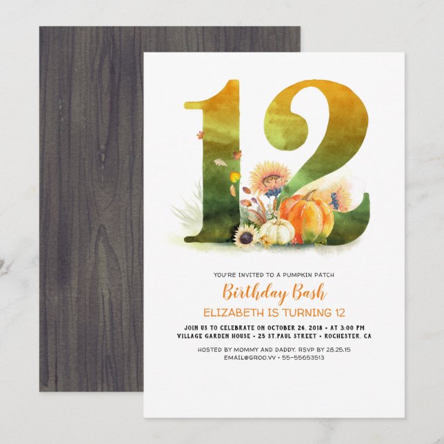 Pumpkin Patch 12 Bash Fall-inbjudan på födelsedage Inbjudningar (Fram/baksida)