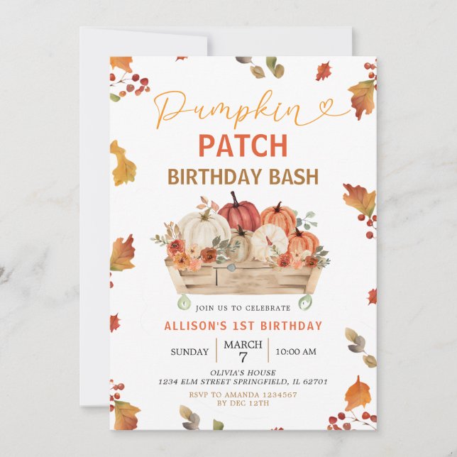Pumpkin Patch Autumn Rustic Löv First Birthday Inbjudningar (Framsida)