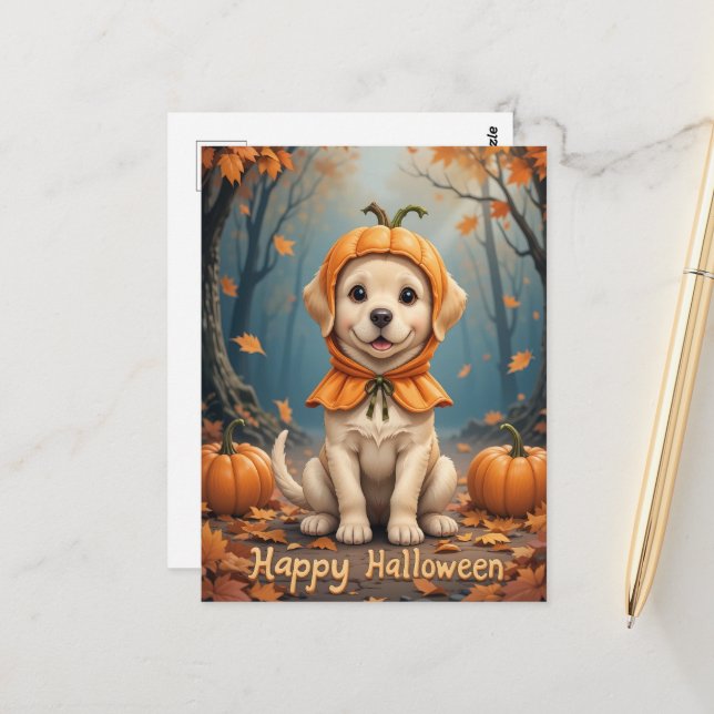 Pumpkin Patch Puppy Cuteness Overload Halloween Vykort (Fram/Back In Situ)