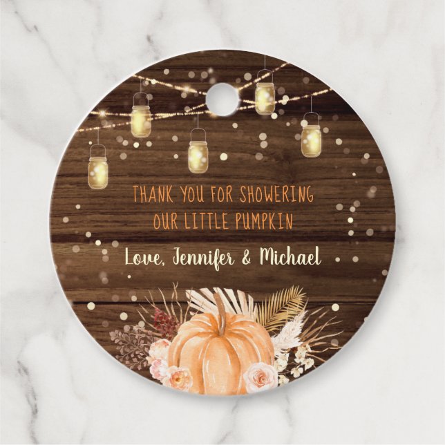 Pumpkin Patch Rustic String Ljus Baby Shower Gåvor Etiketter (Framsida)