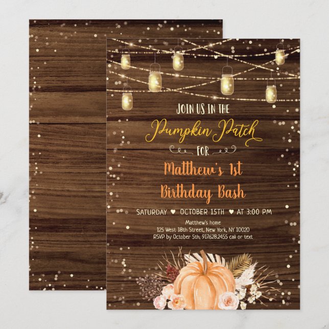 Pumpkin Patch Rustic String Ljus Birthday Inbjudningar (Fram/baksida)