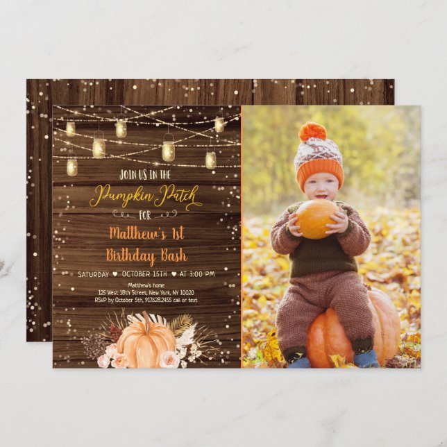 Pumpkin Patch Rustic String Ljus Birthday Inbjudningar (Fram/baksida)