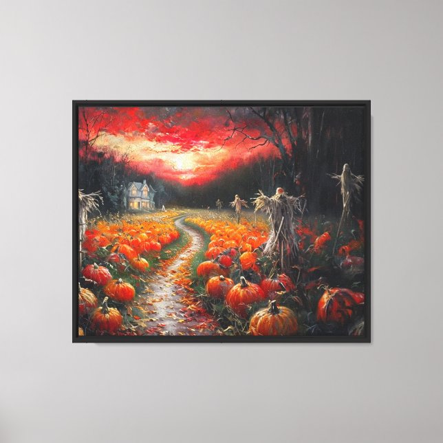 Pumpkin Patch Väg Haunted Farmhouse i Sunset Canvastryck (Framsida)