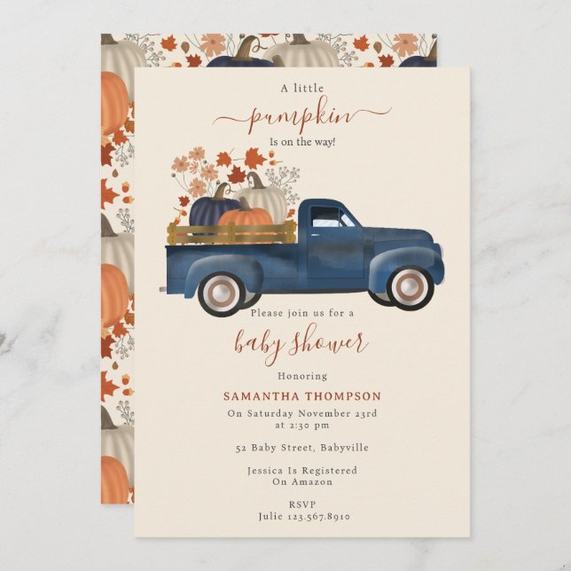 Pumpkin Pickup Lastbil hösthösten Babykläder Boy Inbjudningar (Fram/baksida)