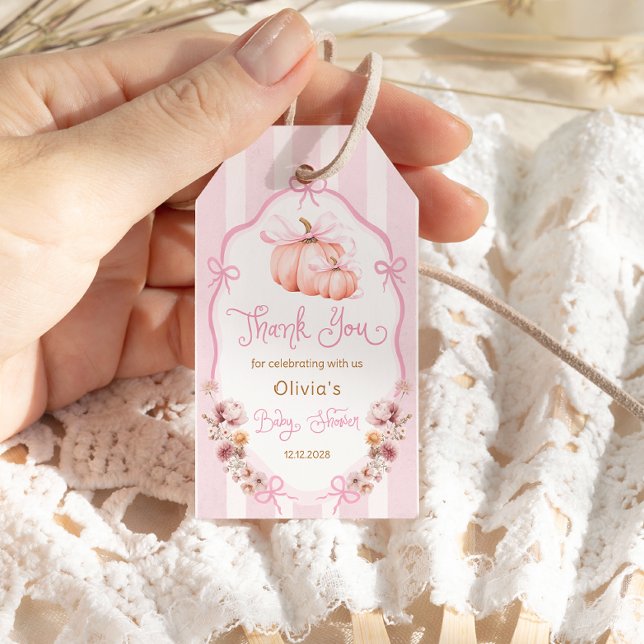 Pumpkin Pink Bow Floral Baby Shower Thank You Presentetikett (Skapare uppladdad)