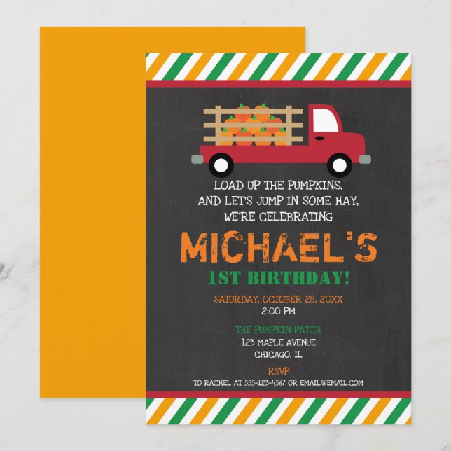 Pumpkin-plågopojke Första födelsedag, söt fall Inbjudningar (Fram/baksida)