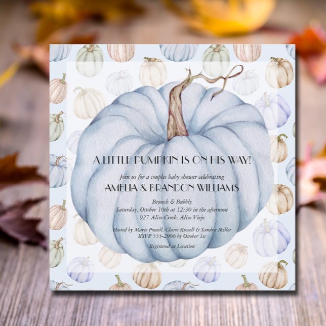 Pumpkin Pojke Shower-inbjudningar Inbjudningar (Blue pumpkins boy baby square shower invitations, INSTANT DOWNLOAD and/or PRINTED)