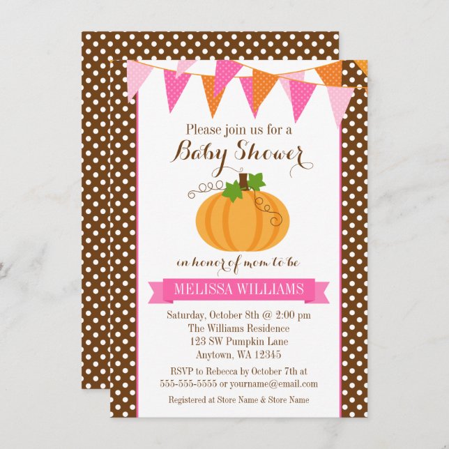Pumpkin Polka Dot Bunting Girl Fall Baby Shower Inbjudningar (Fram/baksida)