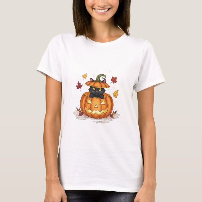Pumpkin Purrfection - Cute Halloween Cat Woman T Shirt (Framsida)