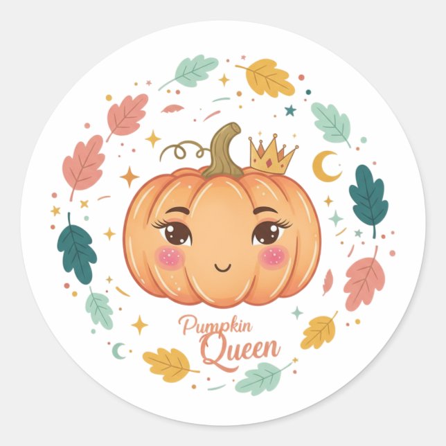 Pumpkin Queen 👑 | Cute Halloween Runt Klistermärke (Framsida)