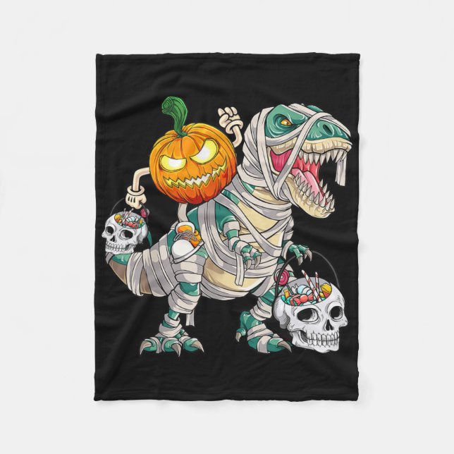 Pumpkin Riding Mummy Dinosaur T Rex Halloween Roli Fleecefilt (Framsidan)