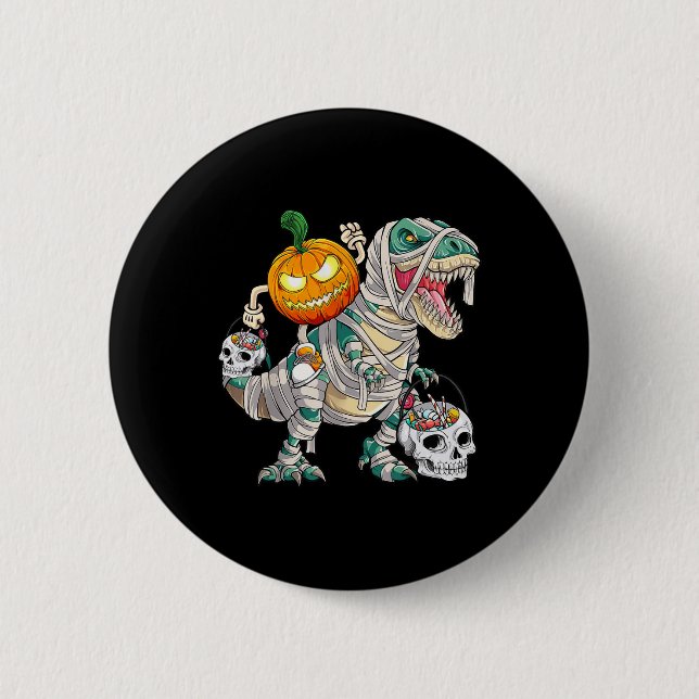 Pumpkin Riding Mummy Dinosaur T Rex Halloween Roli Knapp (Framsida)