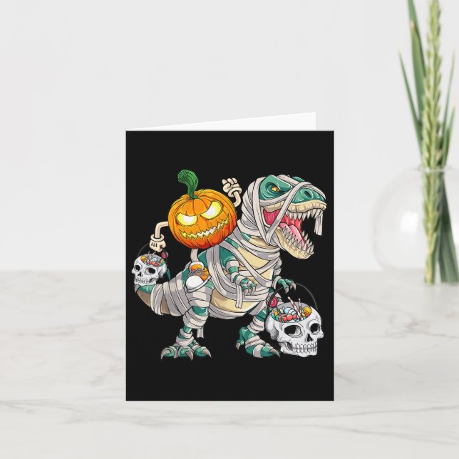 Pumpkin Riding Mummy Dinosaur T Rex Halloween Roli Kort (Framsida)