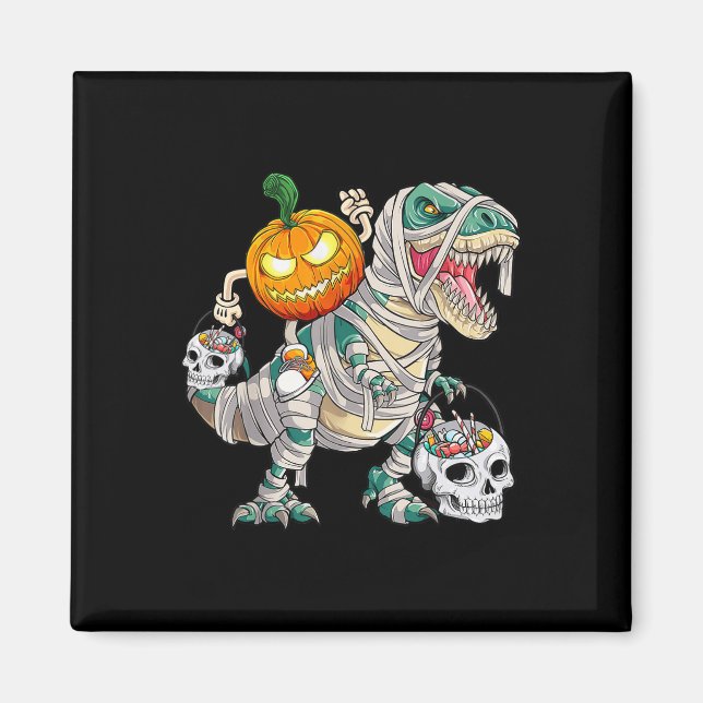 Pumpkin Riding Mummy Dinosaur T rex Halloween Roli Magnet (Framsidan)