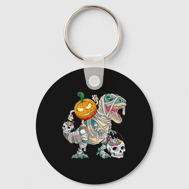 Pumpkin Riding Mummy Dinosaur T Rex Halloween Roli Nyckelring (Framsida)