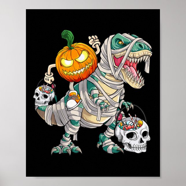 Pumpkin Riding Mummy Dinosaur T Rex Halloween Roli Poster (Framsidan)