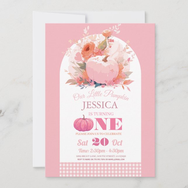 Pumpkin Rosa 1:a födelsedag Flickor höstfälla Inbjudningar (Framsida)