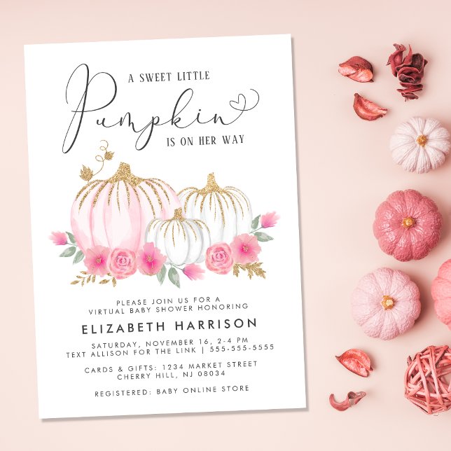 Pumpkin Rosa Blommigt Virtuellare Flicka Shower Inbjudningar (Celebrate the upcoming arrival of your autumn baby girl with a pumpkin-themed virtual baby shower)