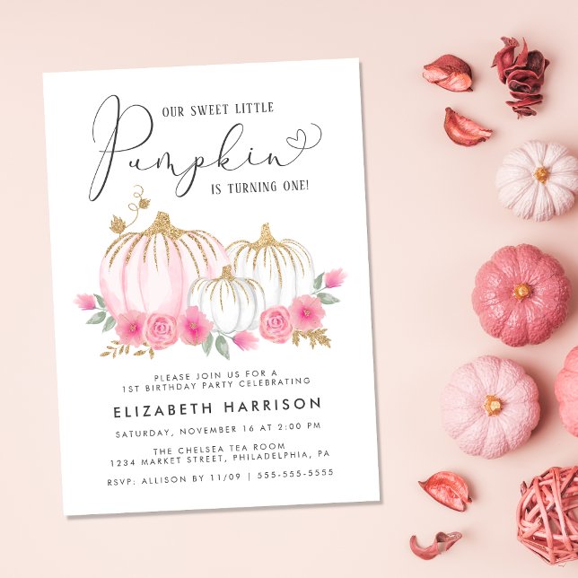 Pumpkin Rosa Blommigt Watercolor 1:a Birthday Part Inbjudningar (Celebrate the 1st birthday of your autumn baby with a pumpkin-themed birthday party
)