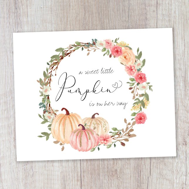 Pumpkin Rosa Blommigt Watercolor Baby Shower Vykort (Celebrate the upcoming arrival of your sweet little autumn baby with a pumpkin-themed baby shower)