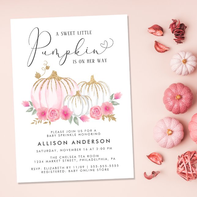 Pumpkin Rosa Blommigt Watercolor Flicka Sprinkle Inbjudningar (Celebrate the upcoming arrival of your sweet autumn baby girl with a pumpkin-themed baby sprinkle)