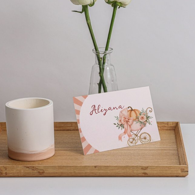 Pumpkin Rosa Bow Baby Shower Bord Namn Card Hälsningskort (Skapare uppladdad)