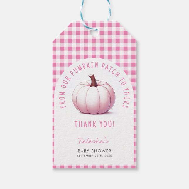 Pumpkin Rosa Gingham Play Flicka Baby Shower Presentetikett (Framsidan)