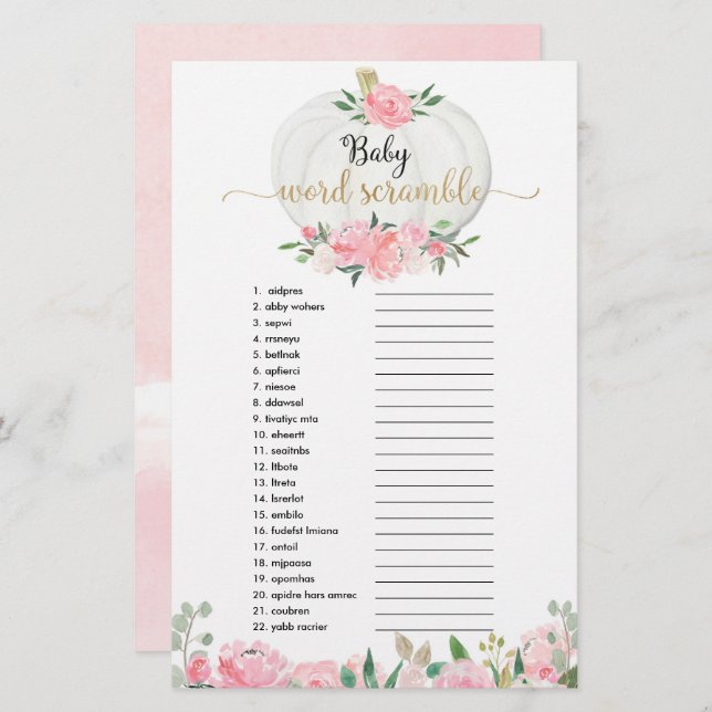 Pumpkin rosa greenery Baby ord-krämdusch (Fram/baksida)