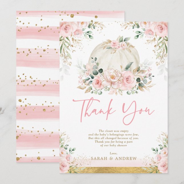 Pumpkin  Rosa Guld Blommigt Fall Baby Shower Tack Kort (Fram/baksida)