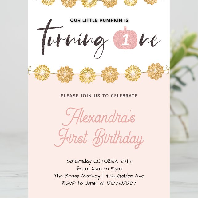 Pumpkin Rosa Guld Blommigt Halloween 1 födelsedag Inbjudningar (Halloween-1st-birthday-Invitation-Pumpkin-Pink-Gold-Floral-1)