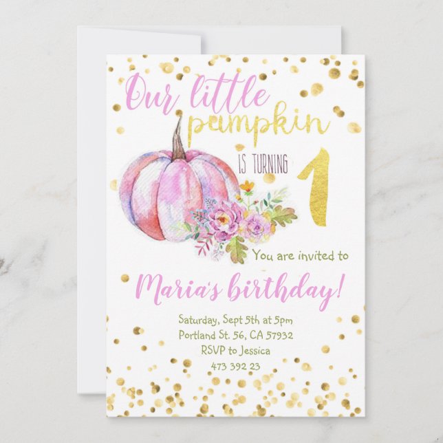 Pumpkin Rosa Guld Confetti Girl Birthday Inbjudningar (Framsida)
