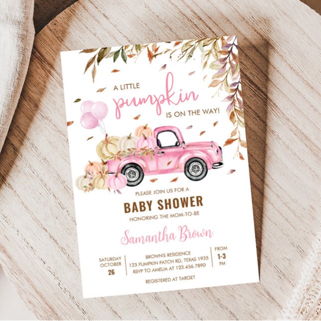 Pumpkin Rosa Lastbil Baby Shower Inbjudningar (Little Pumpkin Pink Truck Baby Shower Invitation)
