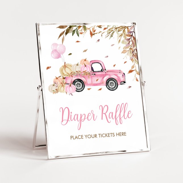 Pumpkin Rosa Lastbil Diaper Raffle Baby Shower Poster (Little Pumpkin Pink Truck Baby Shower Diaper Raffle Sign)