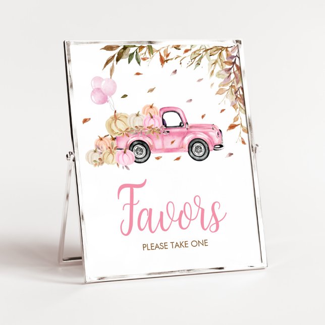 Pumpkin Rosa Lastbil Favoriter Babykläder Poster (Little Pumpkin Pink Truck Baby Shower Favors Sign)